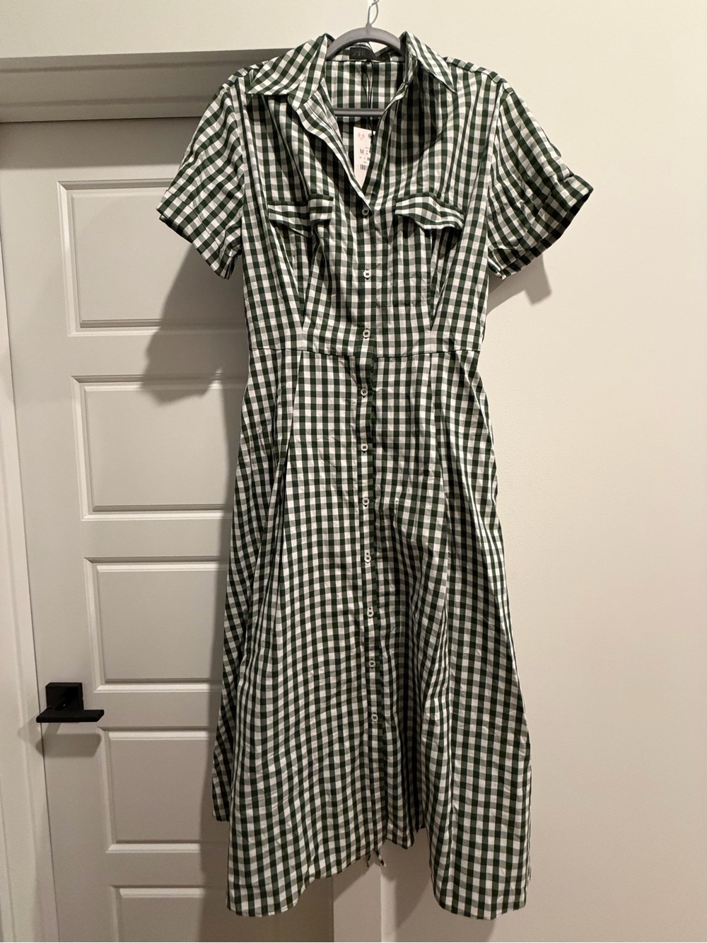 Zara Green and White Gingham Midi Shirt Dress